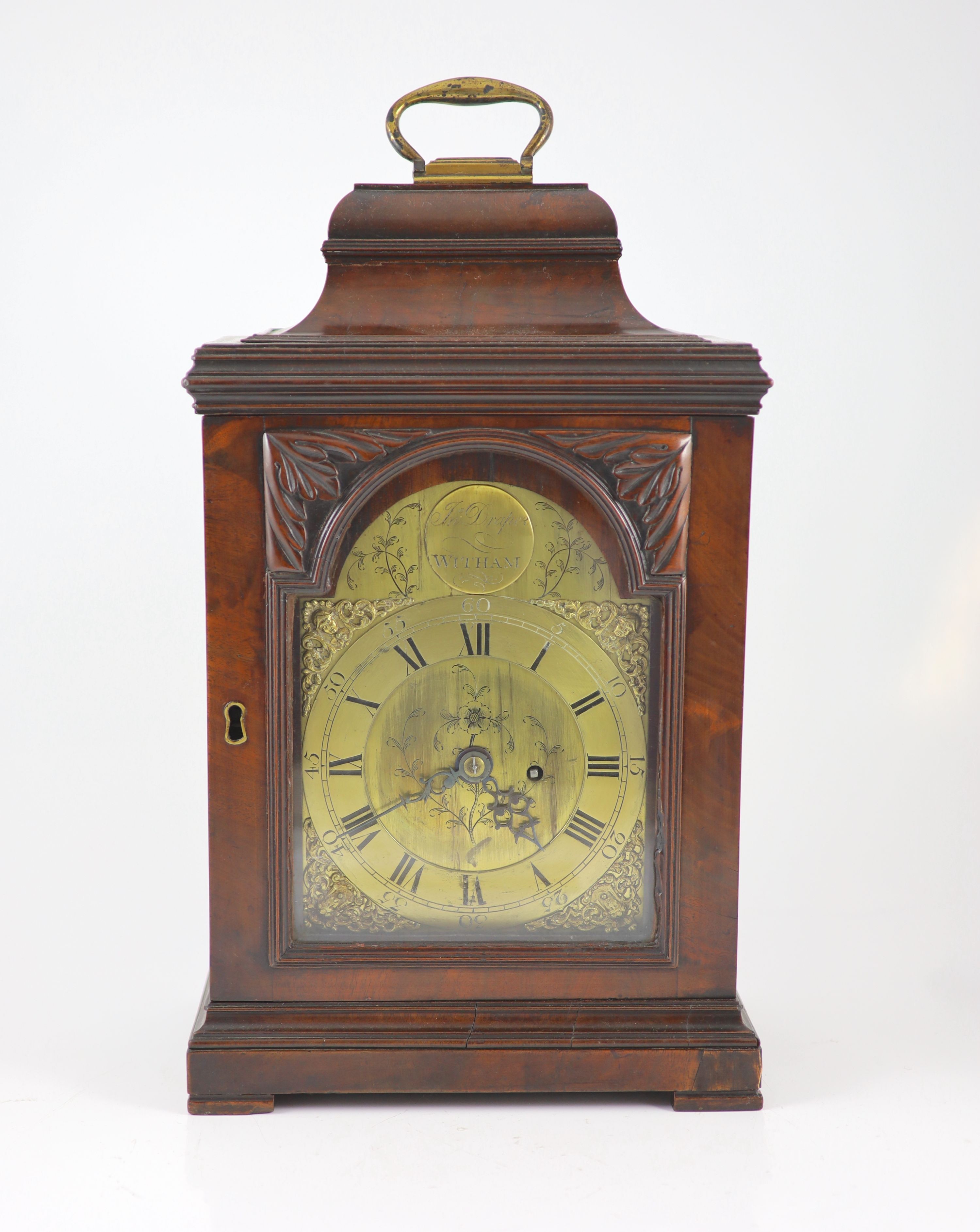 John Draper of Witham. A George III mahogany bracket timepiece, H 50cm. W 29cm. D 17.5cm.